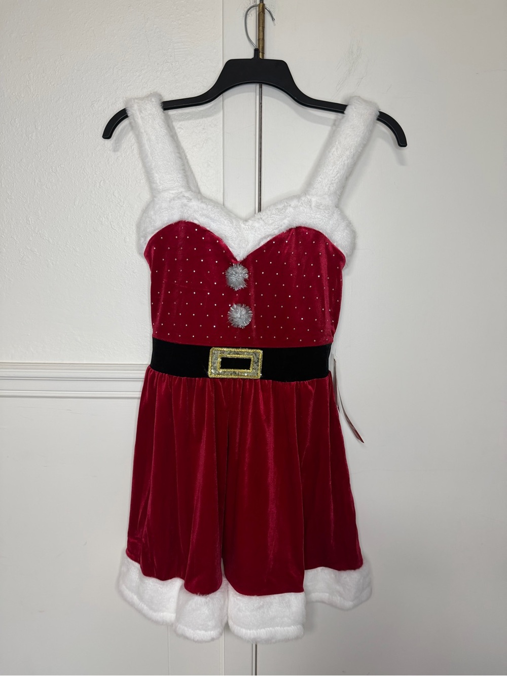 Eyeshadow Red Velvet Holiday Dress with Black Belt and White Faux Fur Trim M NWT